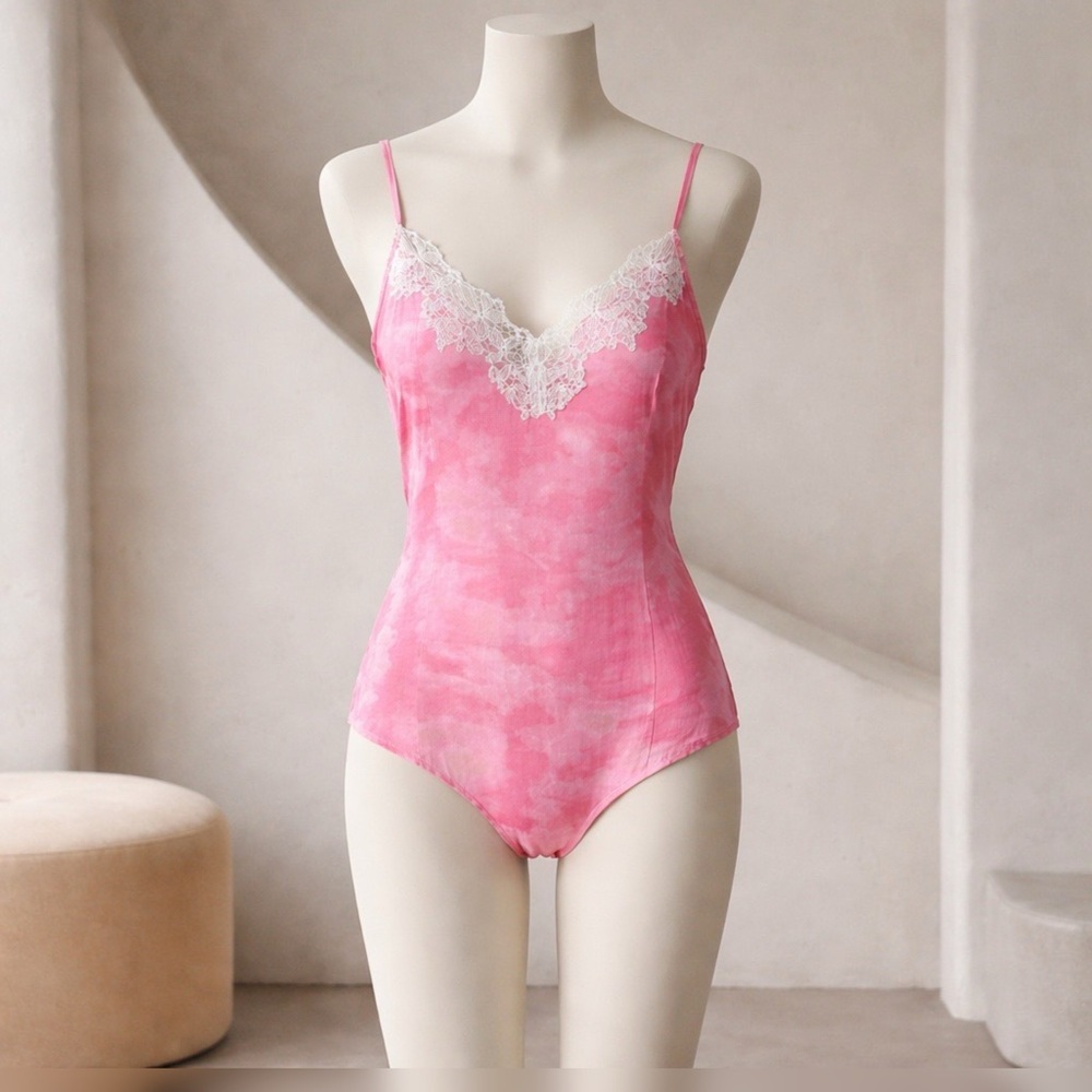 Free People Pink Lace-Trim Tie-Dye Slip Bodysuit
